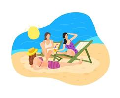 Three girls rest and sunbathe on the beach by the sea vector