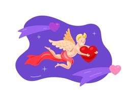 Cupido con alas volando con un corazón sobre un fondo morado vector