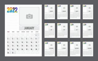 Calendar Colorful planner for 2022. The week starts on sunday. Vector. vector