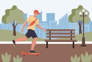 A young man or teenager rides a skateboard in the park vector