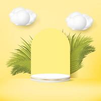 Podio 3d con hojas de palma y nubes sobre fondo amarillo. vector