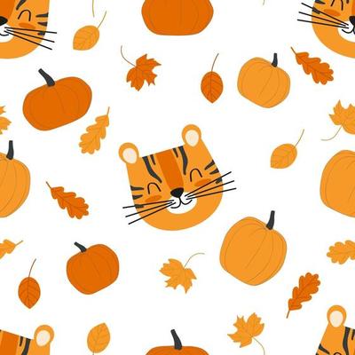 Seamless kids autumn pattern with cute tiger head, pumpkins and leaves