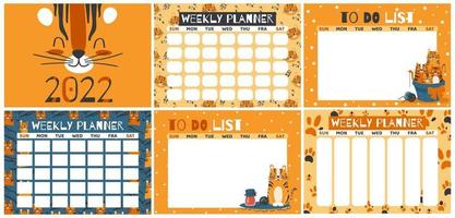 Planner templates for 2022. To do list design with cute cartoon tiger vector