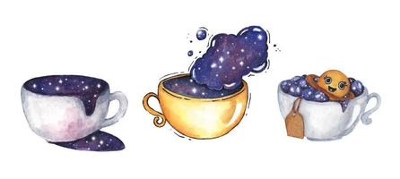 Cup of coffee with space cosmic set. Watercolor illustration. vector