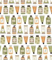 Seamless repeating pattern with cosmetics. A set of bottles and tubes vector