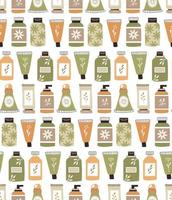 Seamless repeating pattern with cosmetics. A set of bottles and tubes vector