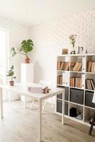 stylish room interior, bookshelves and workspace photo