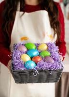 close up of basket with colorful easter eggs photo