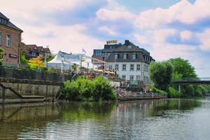 The city center of Rheine seen from a boat on Ems river