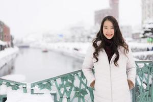 asian woman smiling happy for travel in snow winter season photo