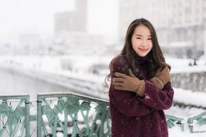 Mujer asiática sonriendo feliz para viajar en la temporada de invierno con nieve foto