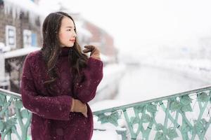 asian woman smiling happy for travel in snow winter season photo