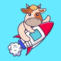 Cute cow flying on rocket. vector