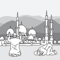 Muslim Doing Salah at the background of a mosque vector