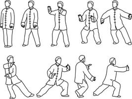 Nine forms of Tai-chi. Men wear traditional Chinese cloths