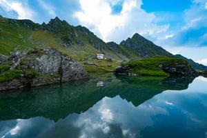 paisaje con montañas y lago en rumania