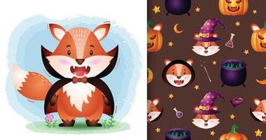 a cute fox with dracula costume halloween seamless pattern vector