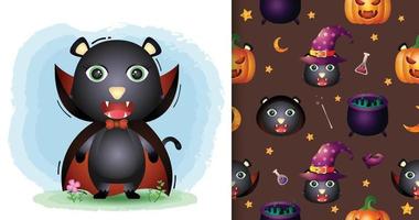 a cute black cat with dracula costume halloween seamless pattern vector