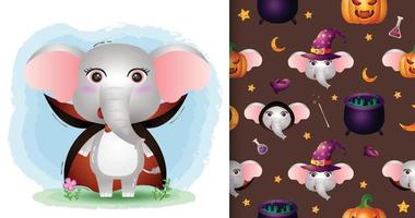 a cute elephant with dracula costume halloween seamless pattern vector