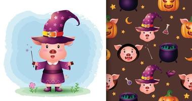 a cute pig with costume halloween seamless pattern vector