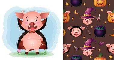 a cute pig with dracula costume halloween seamless pattern vector