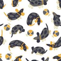 Hand drawn seamless pattern of playing spotted dachshunds and balls vector