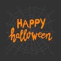 feliz Halloween. letras escritas a mano de color naranja en el bosquejo de telaraña gris vector