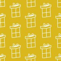 Seamless pattern made from white doodle gift boxes with bow on yellow vector