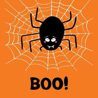 Cute black spider with guilty look, cobweb and boo word on orange vector