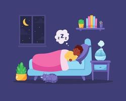 Little black boy sleeping in bedroom with air humidifier vector