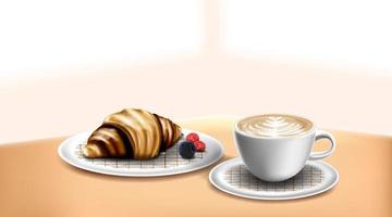 Croissant with coffee latte cup on table and bokeh background. vector