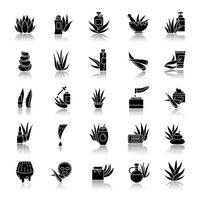 Aloe vera drop shadow black glyph icons set vector