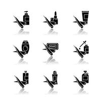 Aloe vera drop shadow black glyph icons set vector