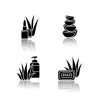 Aloe vera drop shadow black glyph icons set vector