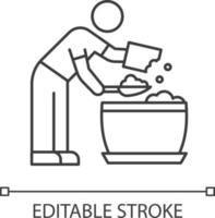 Putting soil into flower pot pixel perfect linear icon vector