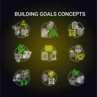 Building goals neon light concept icons set vector