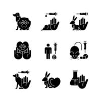 Stop animal testing black glyph icons set on white space vector