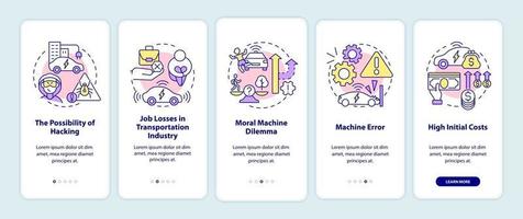 Self-driving cars cons onboarding mobile app page screen. vector