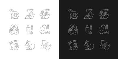 detener los iconos lineales de experimentación con animales establecidos para el modo oscuro y claro vector