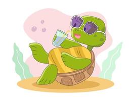 lindo personaje de tortuga en gafas de sol se encuentra y bebe un cóctel vector