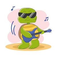 lindo personaje de tortuga con gafas de sol toca la guitarra. vector