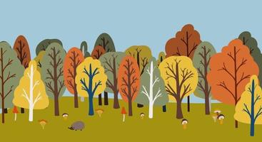 Flat hand drawn Autumn landscape. Vector woods