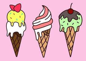 Vector ice cream in cone set. Cartoon style illustration
