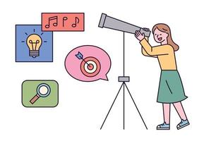 A girl is looking through a telescope. vector