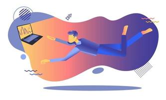 un tipo flotando en el aire con una computadora portátil. ilustración plana vector