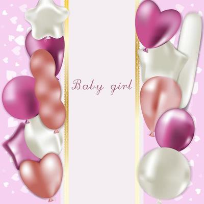 Album of a newborn girl with pink balloons and hearts