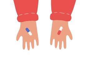 Hands with red and blue pills. Symbol of difficult choice vector