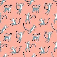 Exotic lemurs with long striped tails. Vector seamless pattern design.