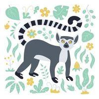 Cute funny ring-tailed lemur and tropical plant. Madagascar Lemur vector