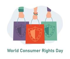 World Consumer Rights Day. Hands with bags. Shield sign on the package vector